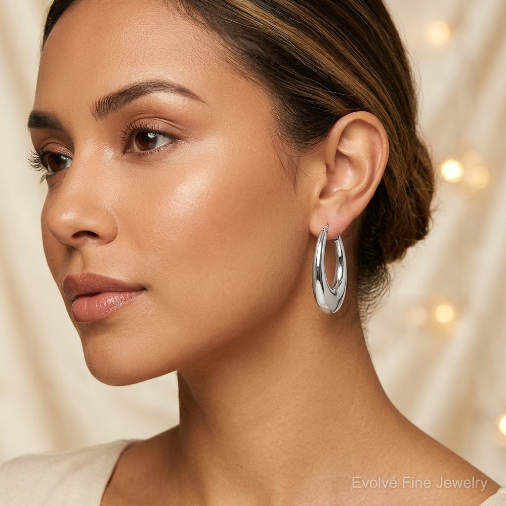 Sterling Silve Rhodium-plated Polished Hollow Oval Hoop Earrings - Model Shot
