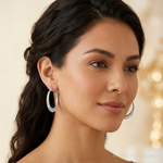 Sterling Silver Polished & Textured Knife Edge Round Hoop Earrings - Model Shot