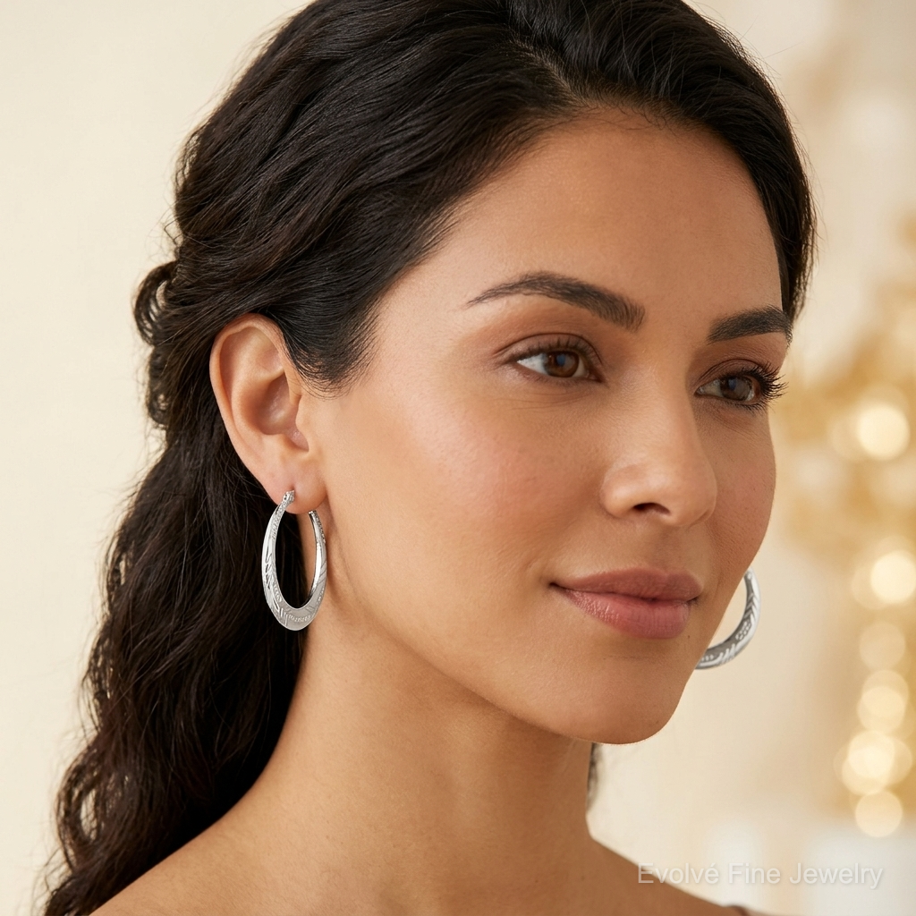 Sterling Silver Polished & Textured Knife Edge Round Hoop Earrings - Model Shot