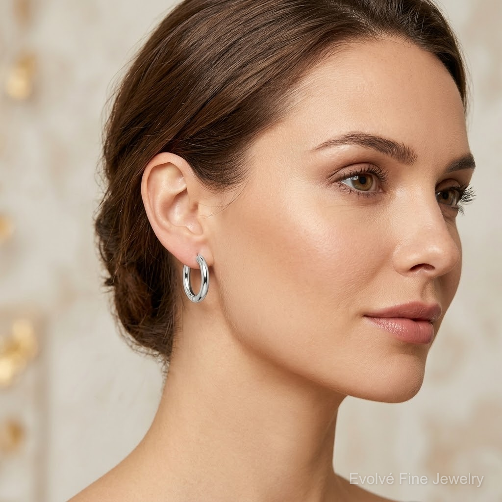 Sterling Silver Polished Hinged Circle Hoop Earrings - Model Shot