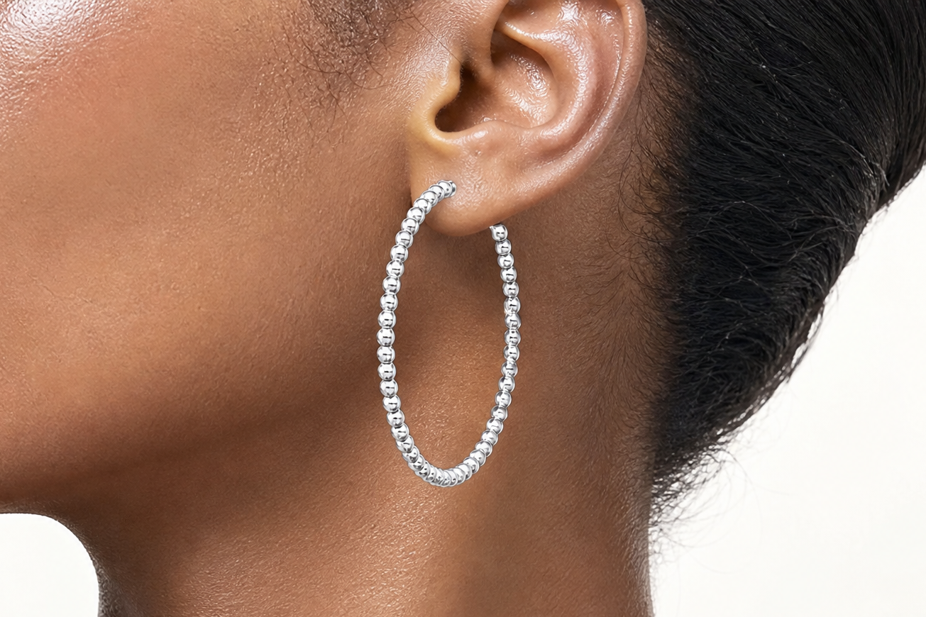 Sterling Silver Rhodium-plated Polished Beaded Hoop Post Earrings - Model Shot