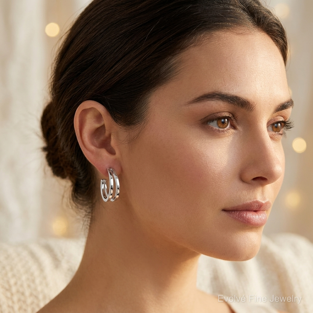 Sterling Silver Rhodium Plated Split Design Hoop Post Earrings - Model Shot