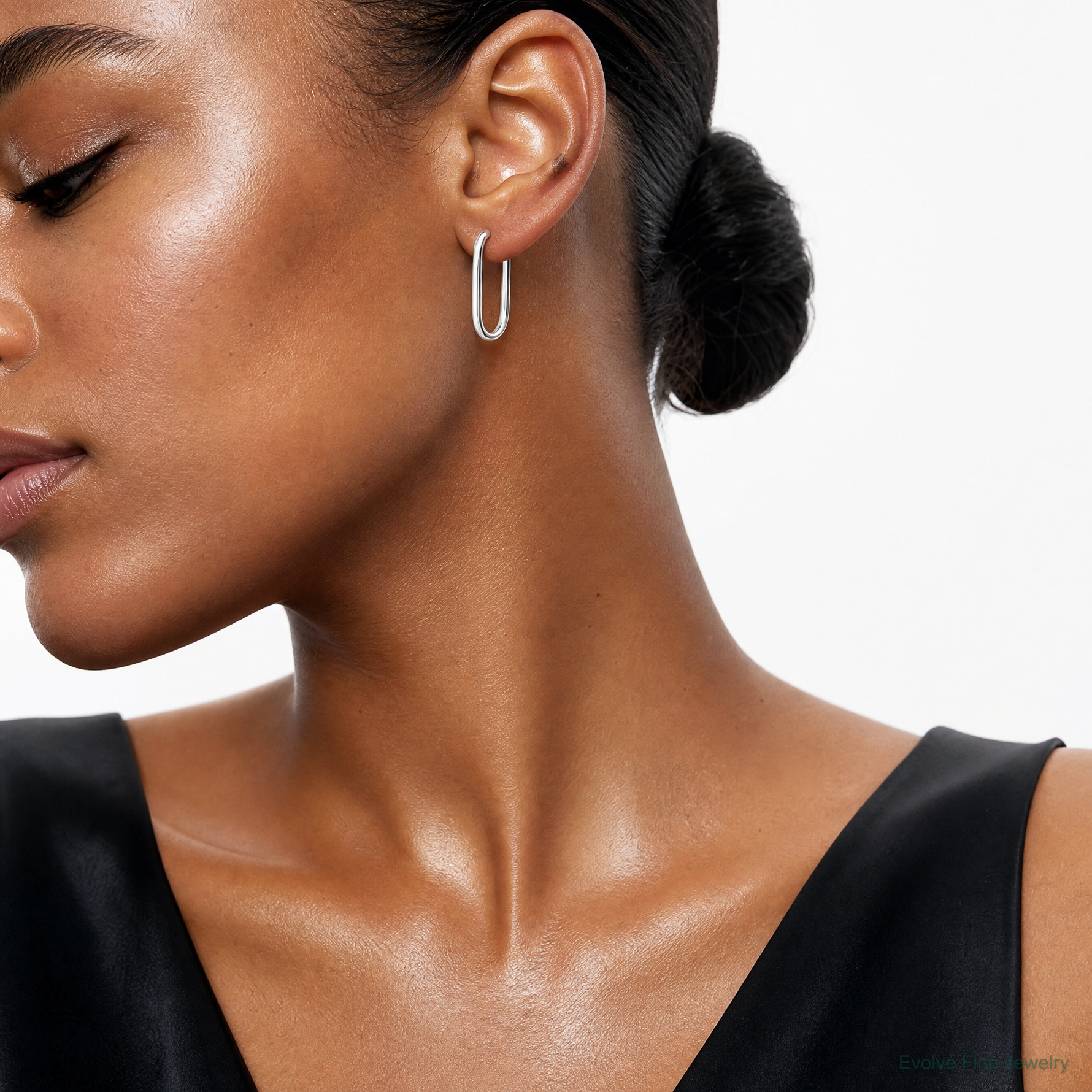 Sterling Silver Polished Oval J-Hoop Post Earrings - Model Shot