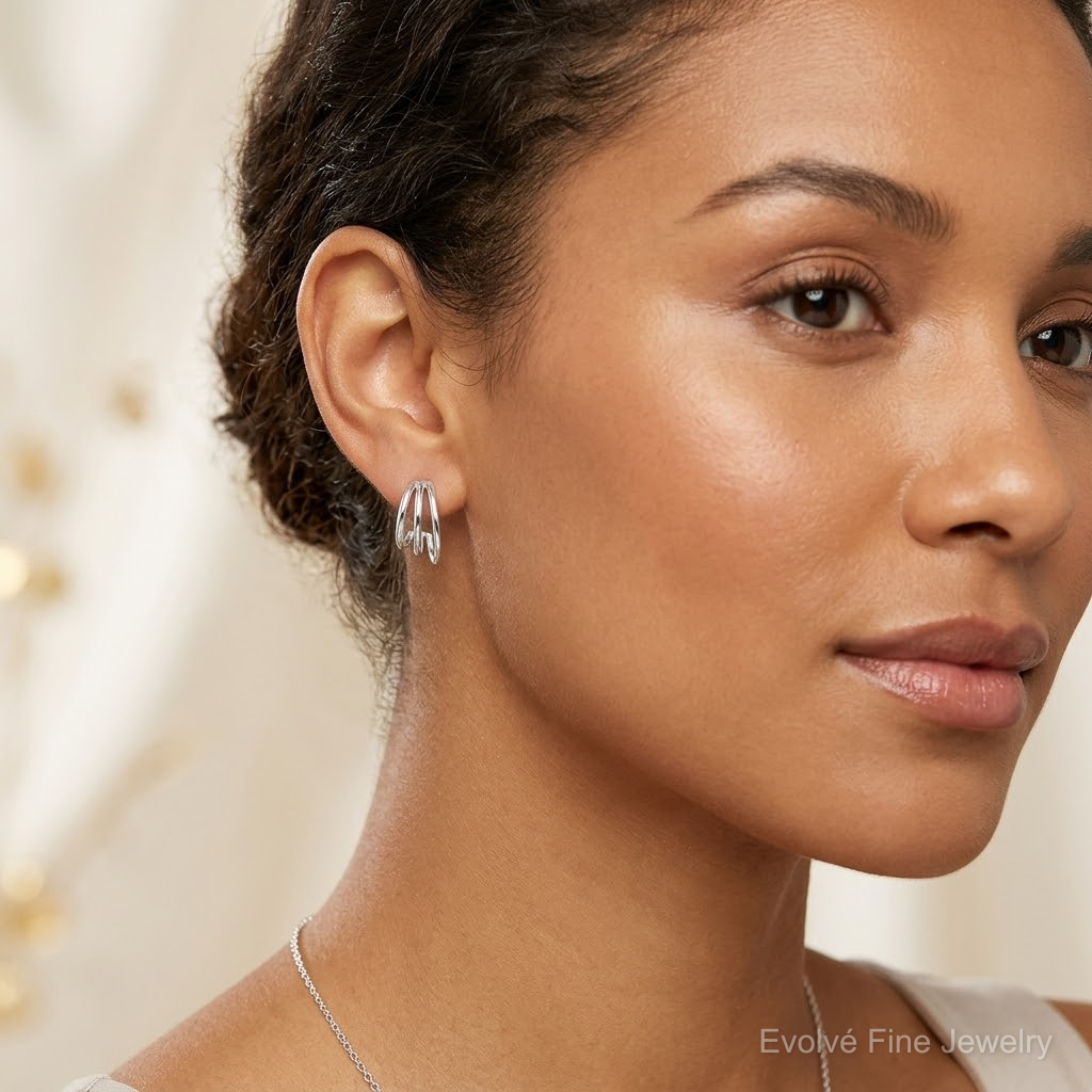 Sterling Silver Rhodium-plated Polished J-Hoop Post Earrings - Model Shot