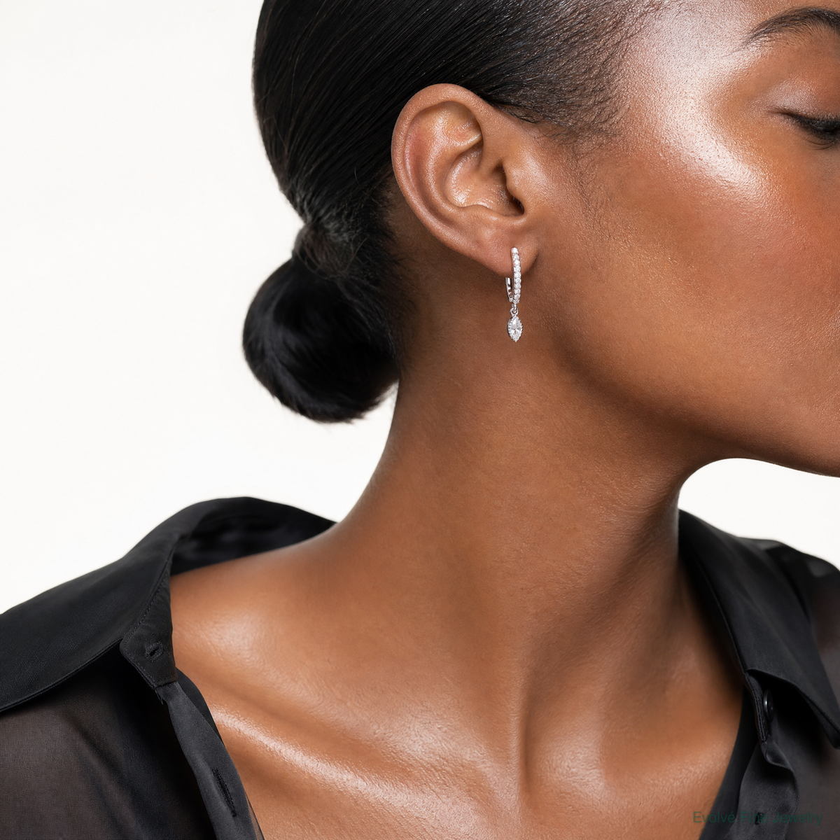 Sterling Silver Rhodium-plated Polished CZ Hinged Hoop Earrings - Model Shot
