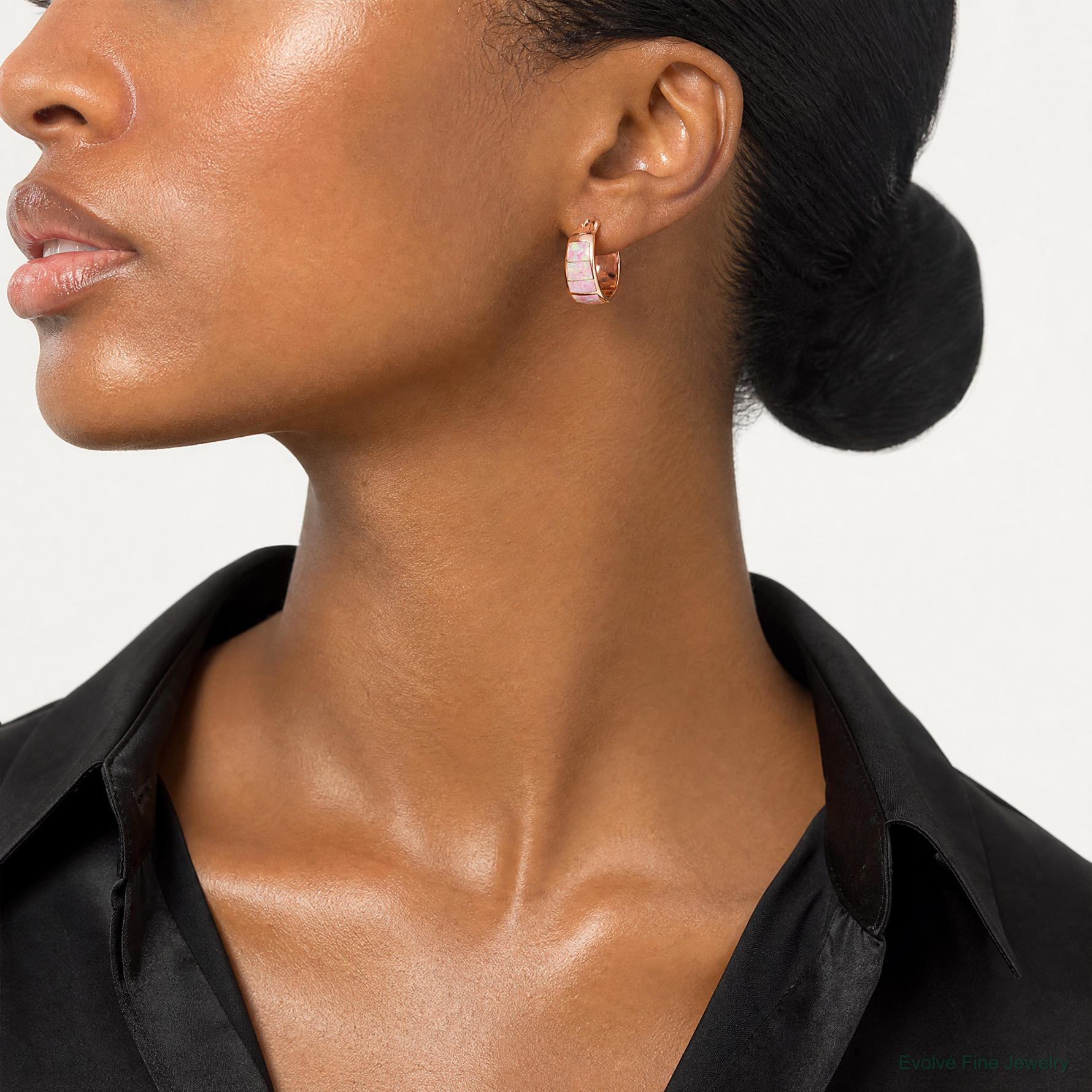 Sterling Silver Rose-tone Polished Pink Created Opal Inlay Hoop Earrings - Model Shot