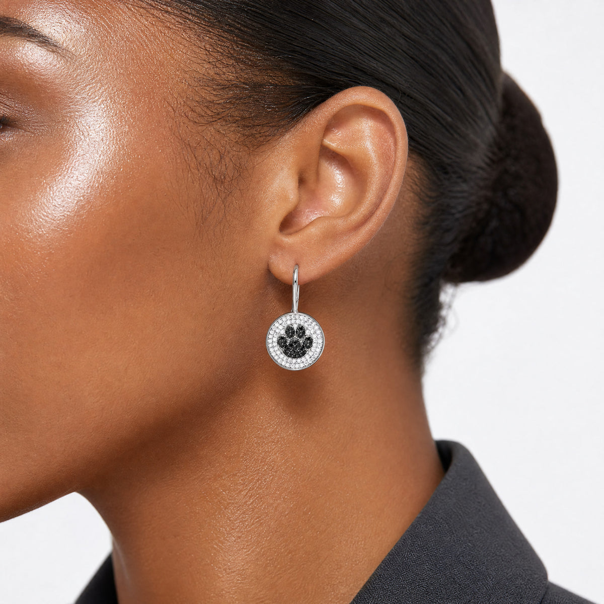 Sterling Silver Rhodium-plated Polished CZ Paw Print Leverback Earrings - Model Shot