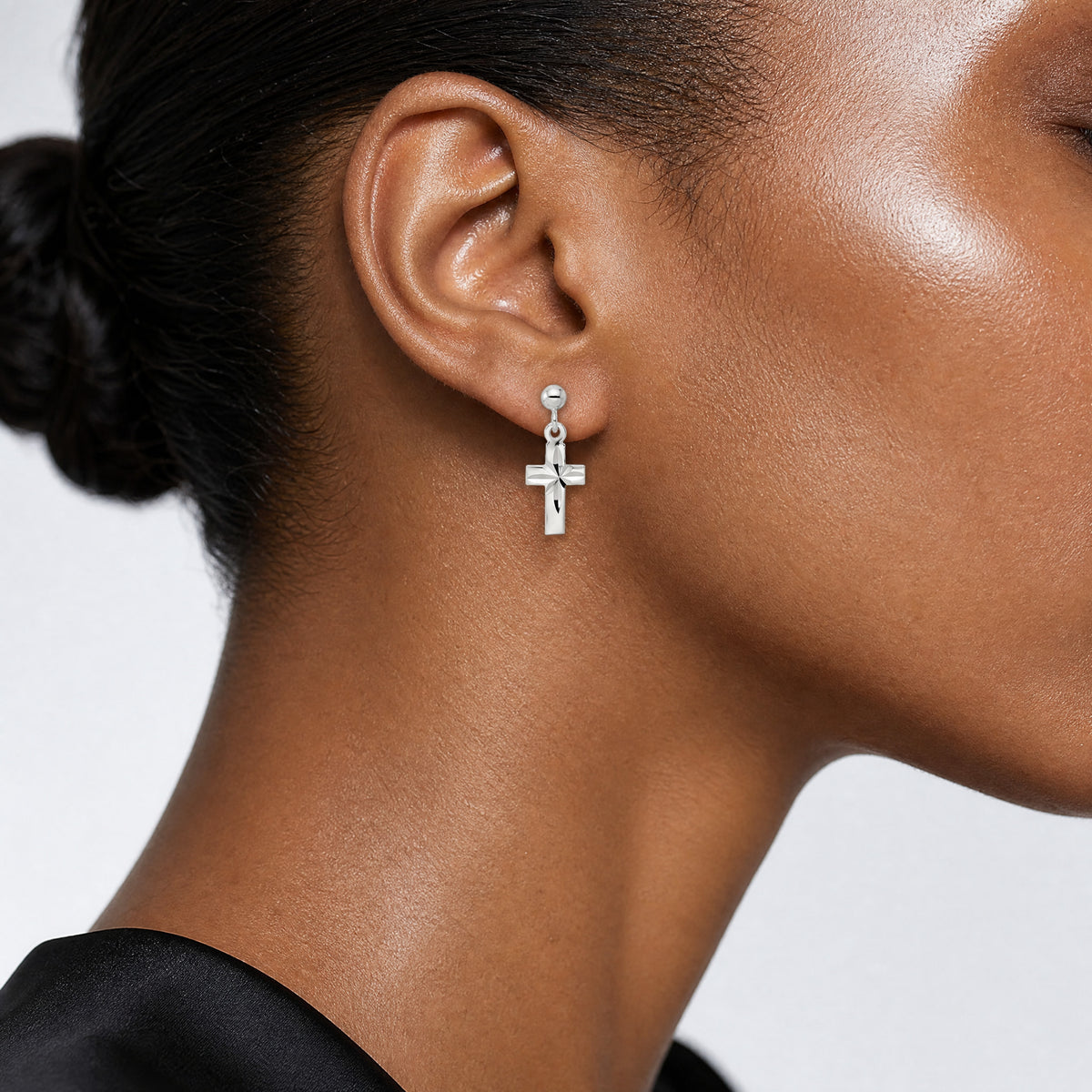 Sterling Silver Polished and D/C Latin Cross Post Dangle Earrings - Model Shot