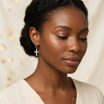 Sterling Silver RH-plated CZ White Enamel Cross Dangle Hoop Earrings - Model Shot