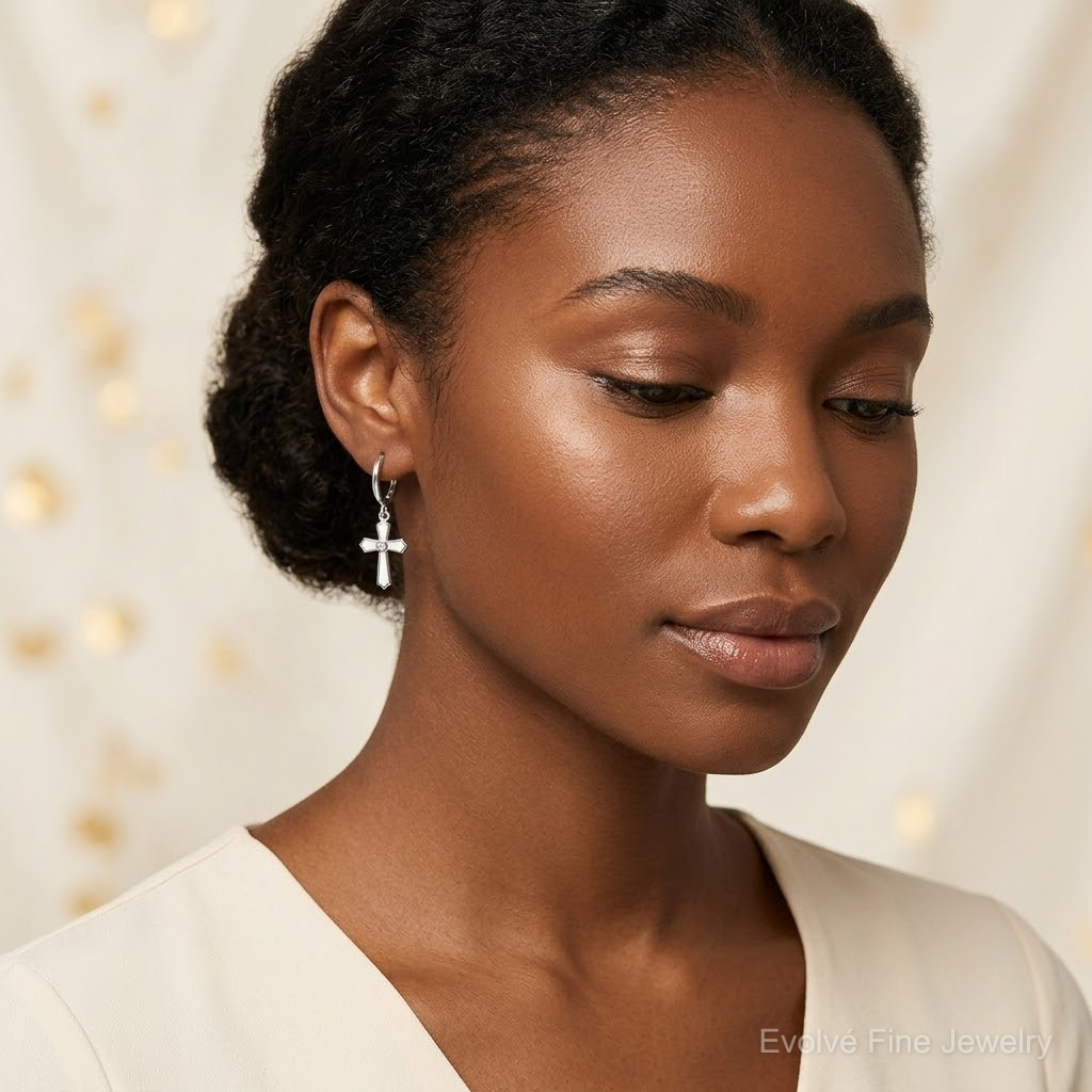 Sterling Silver RH-plated CZ White Enamel Cross Dangle Hoop Earrings - Model Shot