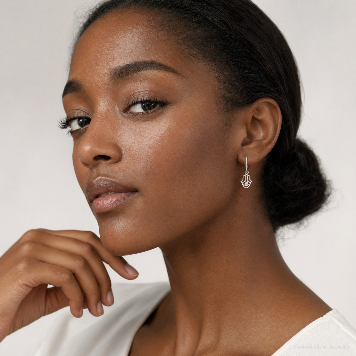 Sterling Silver Polished CZ Hamsa Dangle Endless Round Hoop Earrings - Model Shot