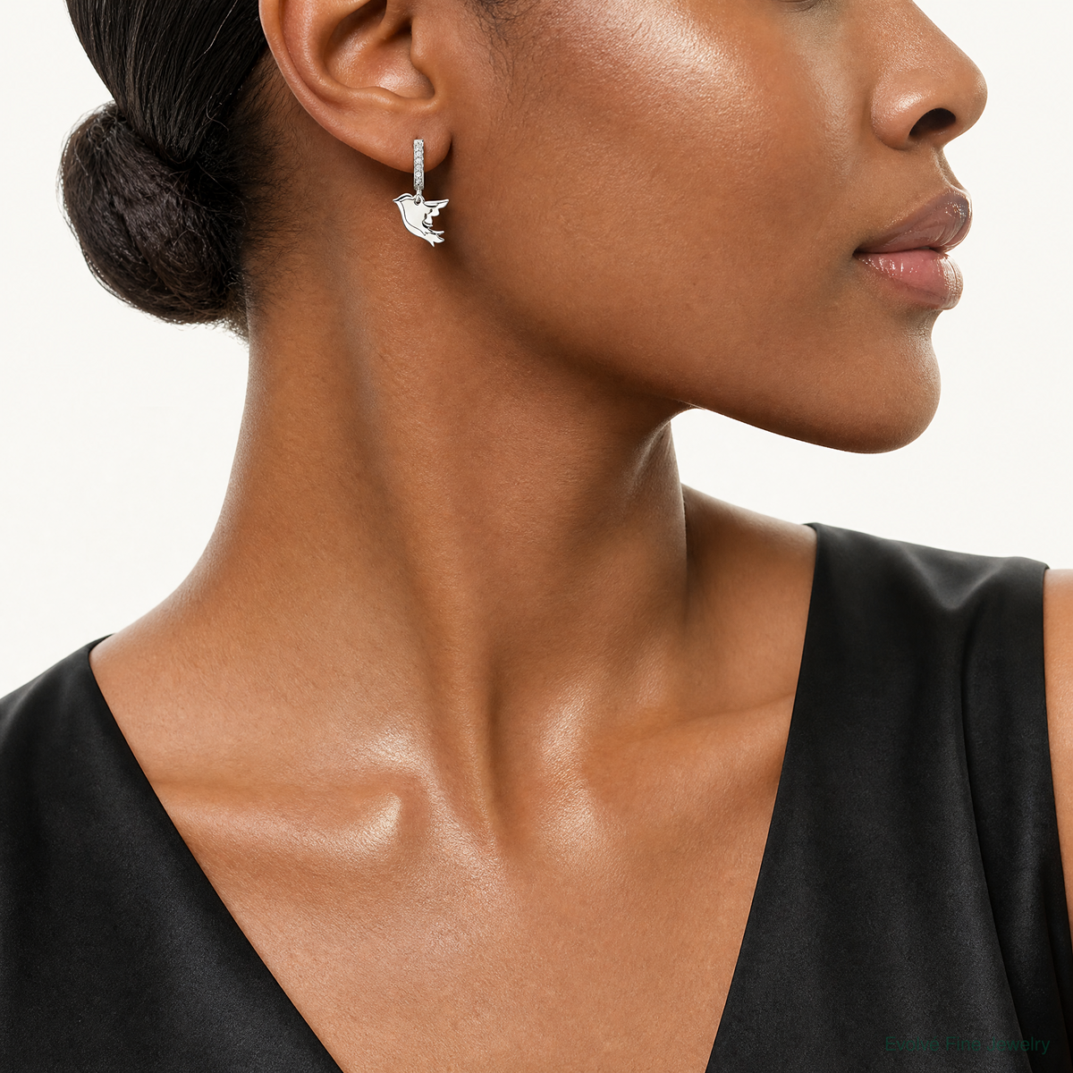 Sterling Silver Polished CZ Two Doves J-Hoop Post Earrings - Model Shot