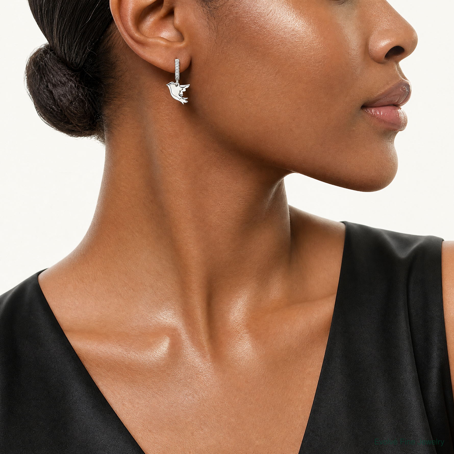 Sterling Silver Polished CZ Two Doves J-Hoop Post Earrings - Model Shot
