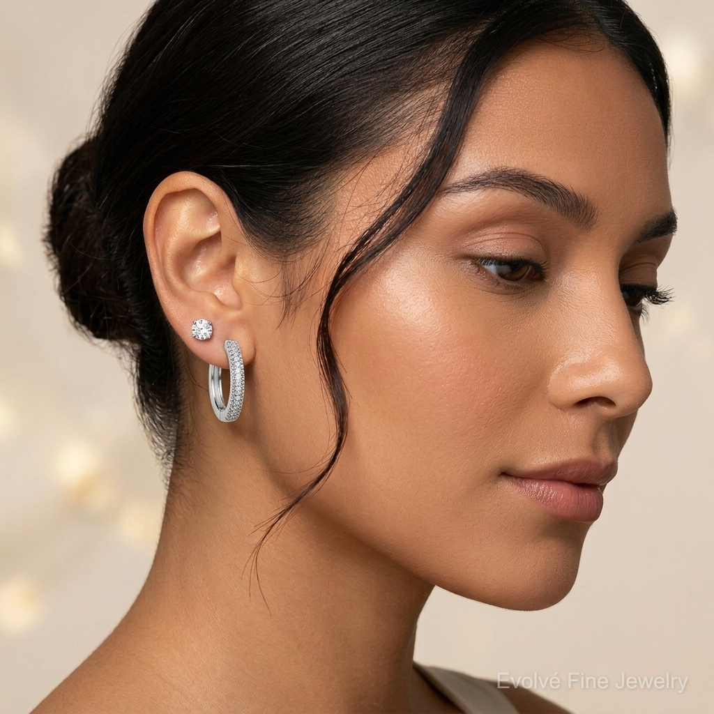 Sterling Silver Rh-plated CZ 2mm Hoop and 5mm Stud Post Earring Set - Model Shot