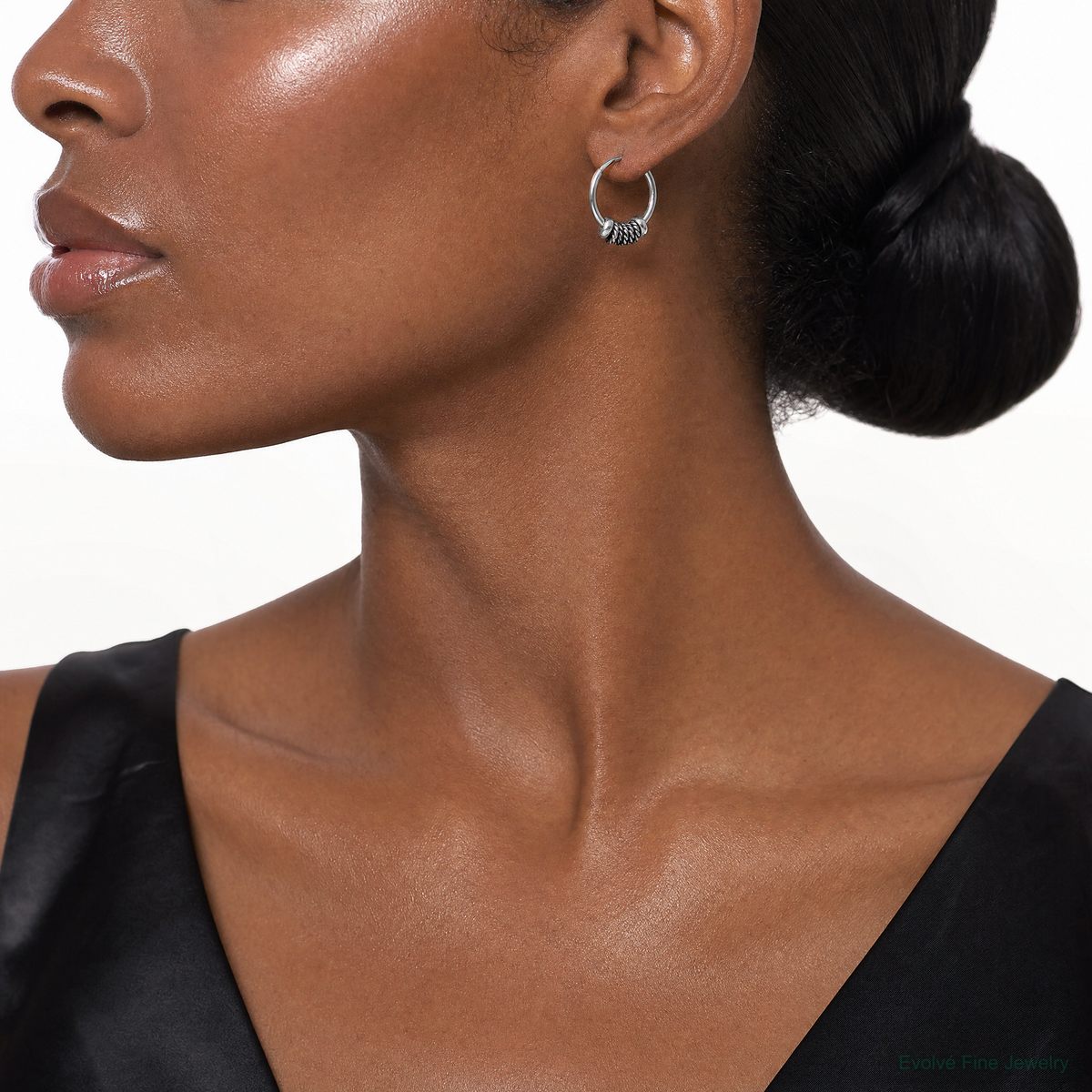 Sterling Silver Rhodium-plated Polished/Textured Endless Hoop Earrings - Model Shot