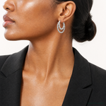 Sterling Silver Rhod-plated D/C Beaded Double Hoop Earrings - Model Shot