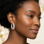 Sterling Silver Rhod-plated Polished and Textured Round Hoop Earrings - Model Shot