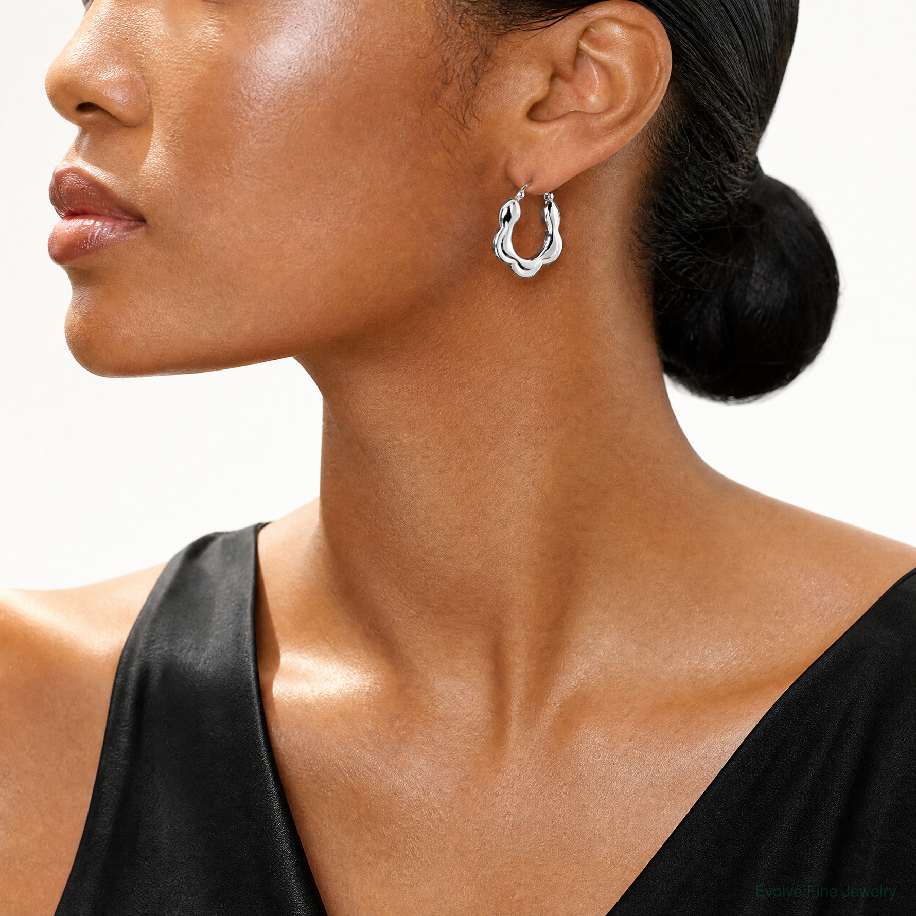 Sterling Silver Rhodium-plated Polished Flower Shape Hoop Earrings - Model Shot