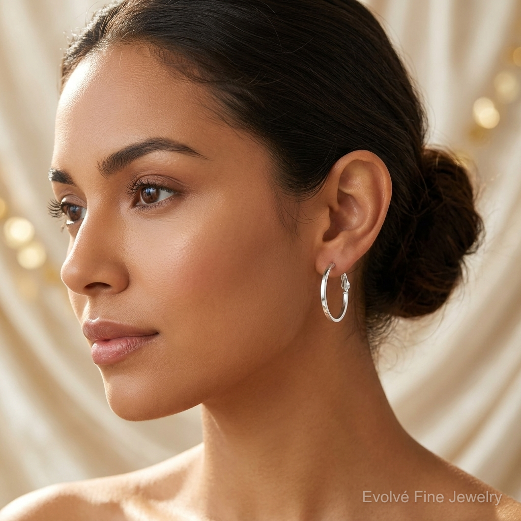 Sterling Silver 2mm Square Tube Omega Back Round Hoop Earrings - Model Shot