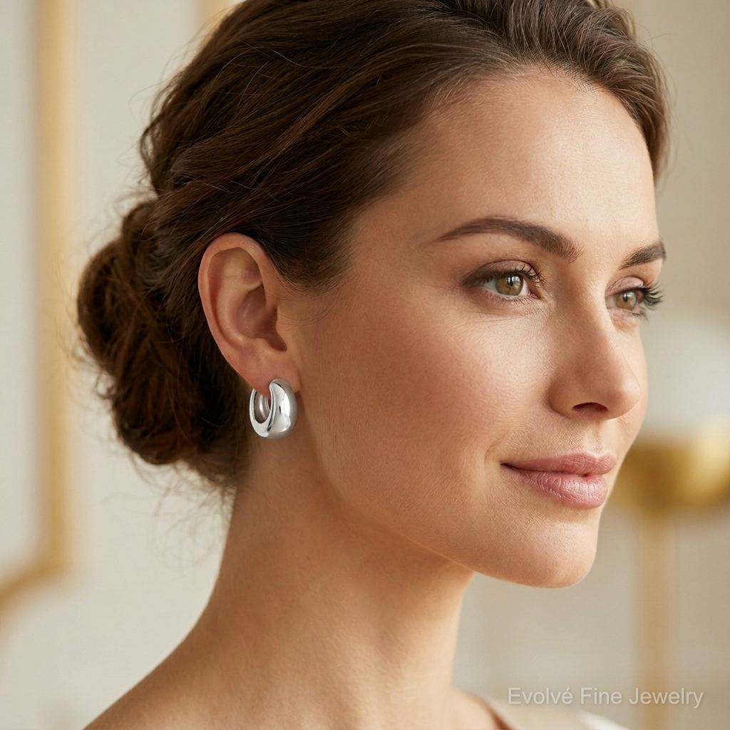 Sterling Silver E-coated Tapered Hinged Hoop Earrings - Model Shot