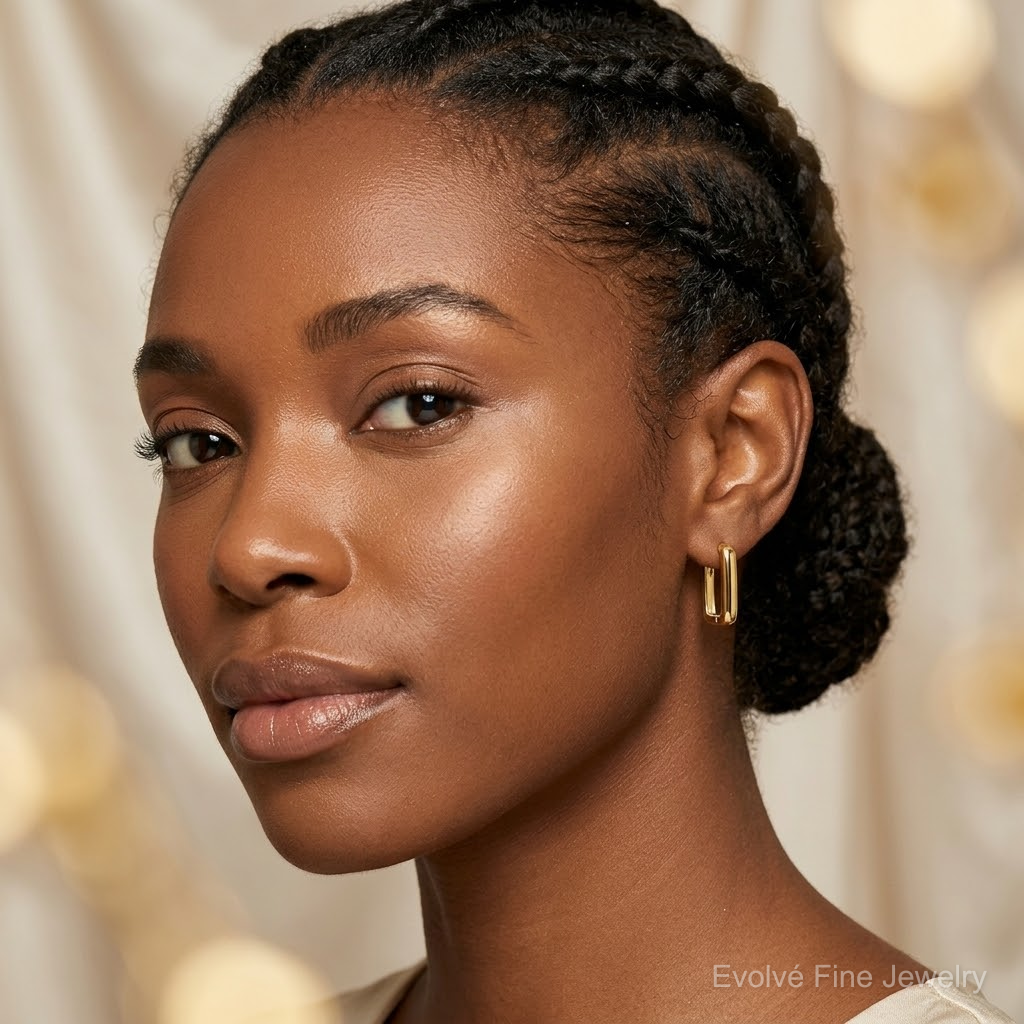 Sterling Silver Gold-tone Polished Rectangle Hoop Earrings - Model Shot