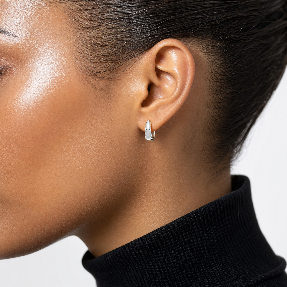 Sterling Silver Rhodium-plated 12x5mm Huggie Hoop Earrings - Model Shot