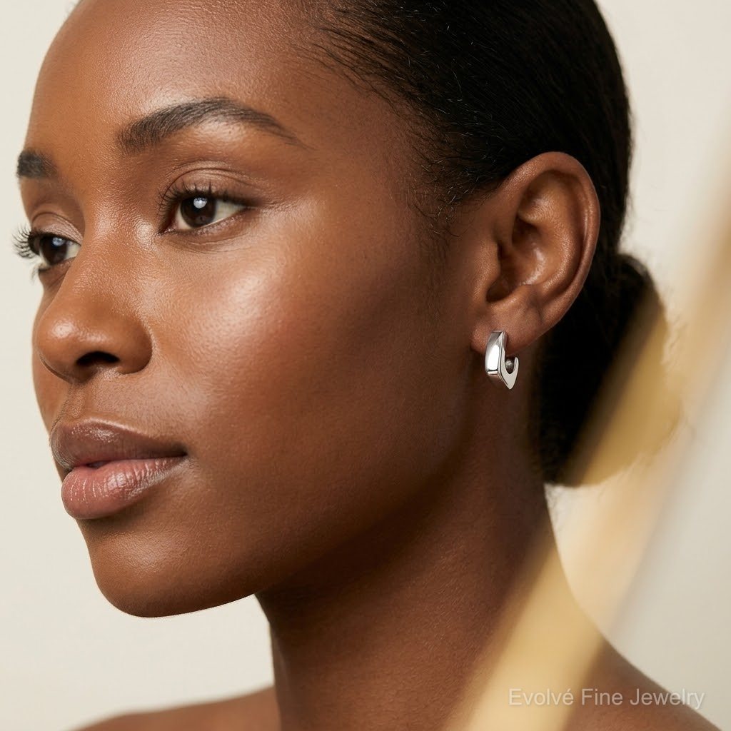 Sterling Silver Rhodium-plated Polished Square C-Hoop Post Earrings - Model Shot