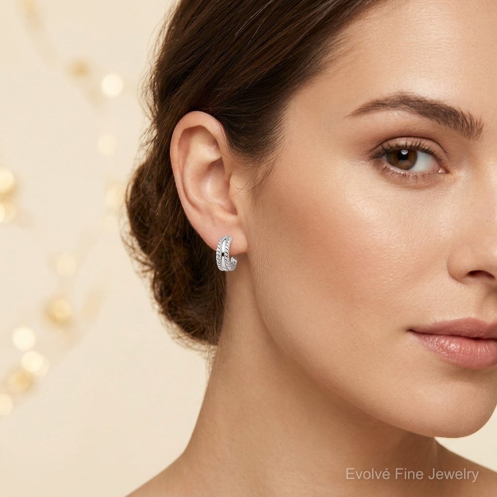 Sterling Silver E-coated Textured Edge C-Hoop Earrings - Model Shot