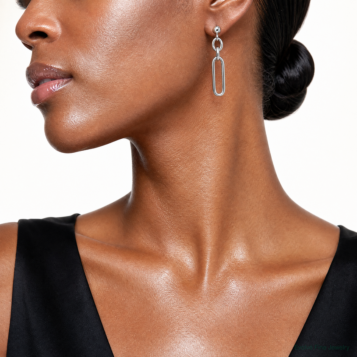 Sterling Silver Rhodium-plated Paperclip Dangle Post Earrings - Model Shot