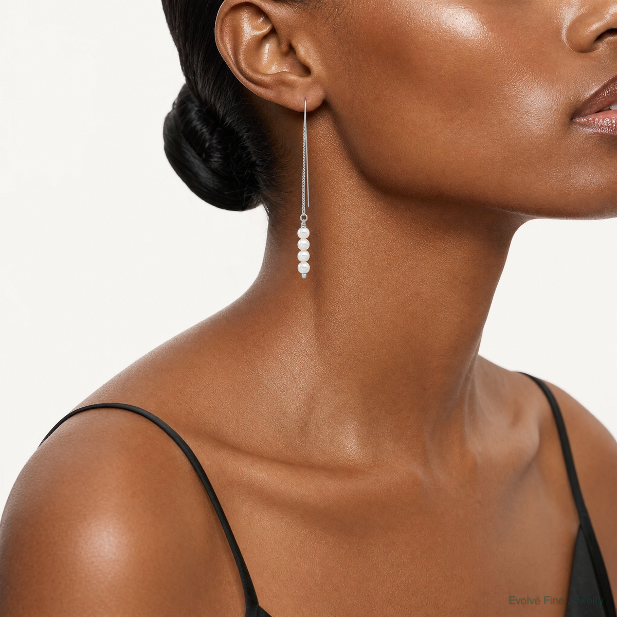 Sterling Silver Rhodium-plated Freshwater Cultured Pearl Threader Earrings - Model Shot