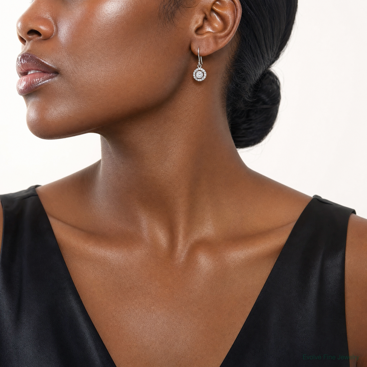 Sterling Silver Rhodium-plated Polished Round CZ Halo Dangle Earrings - Model Shot
