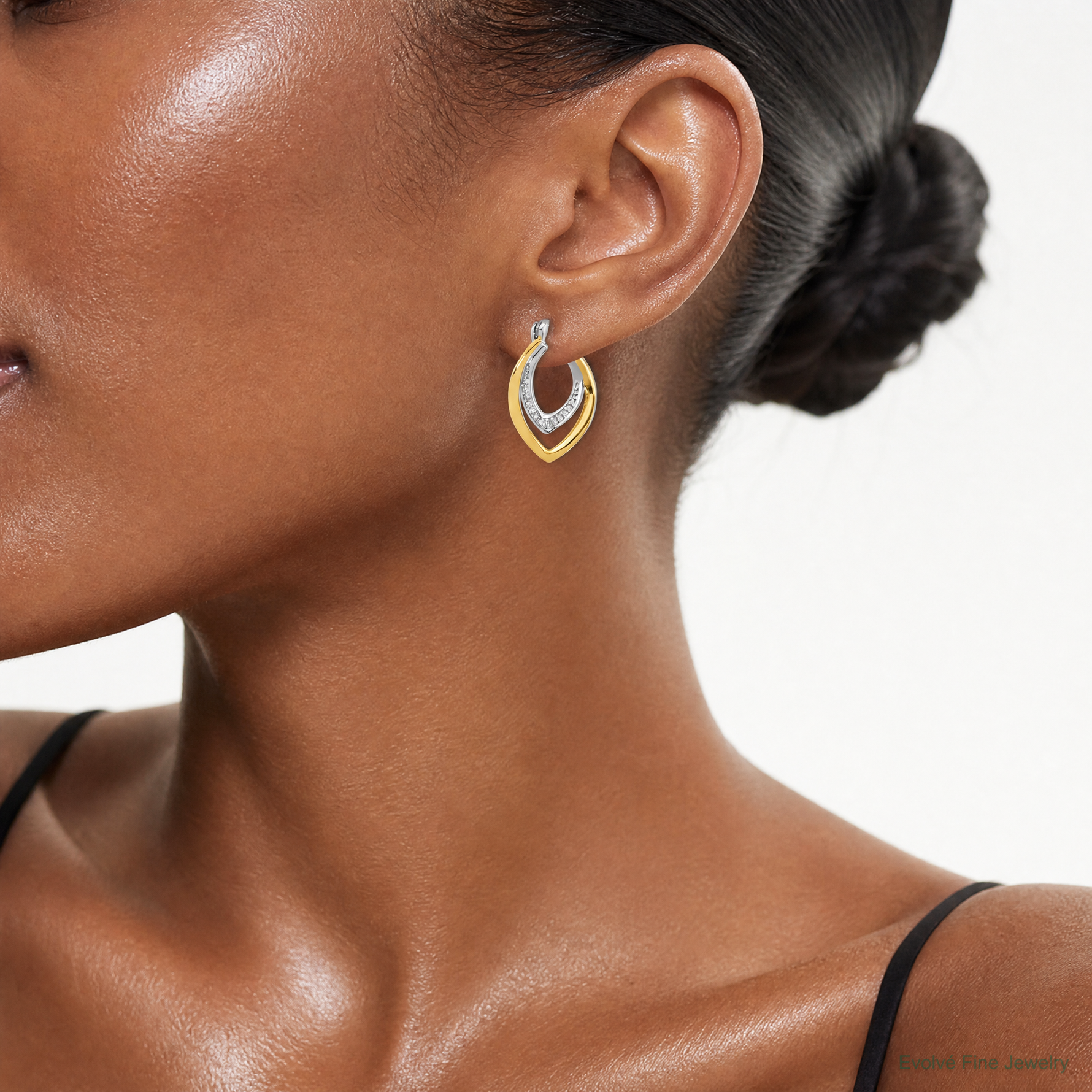 Sterling Silver Rhodium-plated Gold-tone Polished CZ Fancy Hoop Earrings - Model Shot