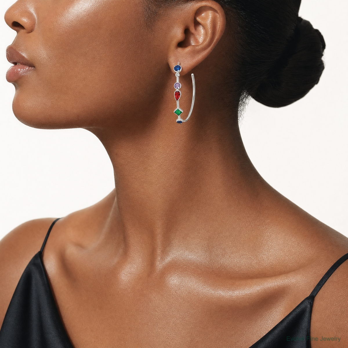 Sterling Silver E-coated Multi Color CZ Post Hoop Earrings - Model Shot