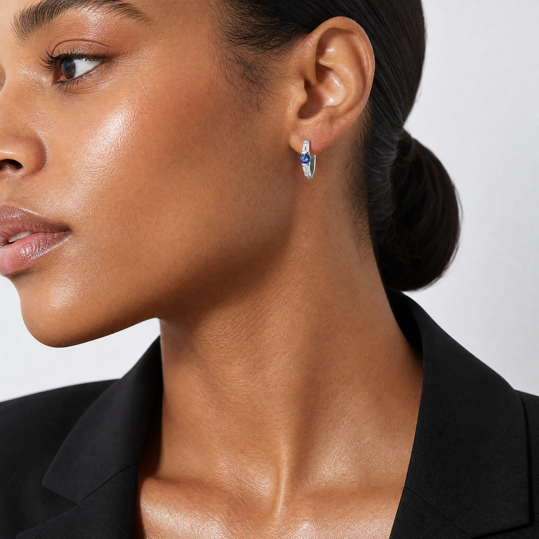 Sterling Silver Rhodium-plated Blue Spinel and CZ Hinged Hoop Earrings - Model Shot