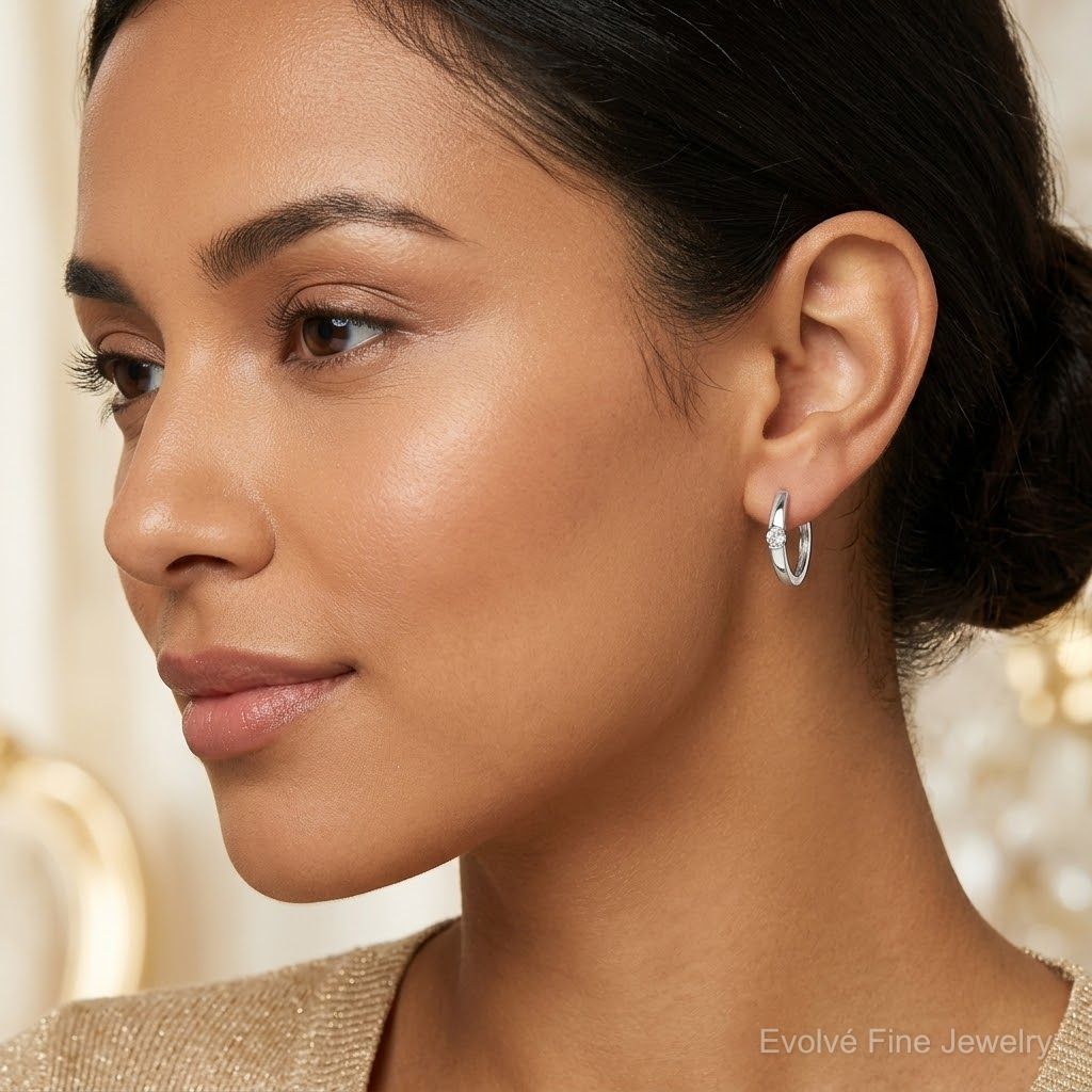 Sterling Silver E-Coating CZ Hinged Hoop Earrings - Model Shot