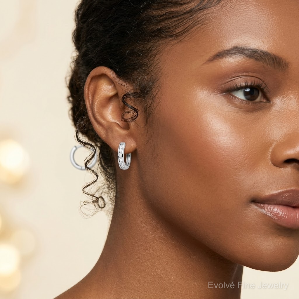 Sterling Silver Rhodium-plated 2mm CZ Hinged Hoop Earrings - Model Shot