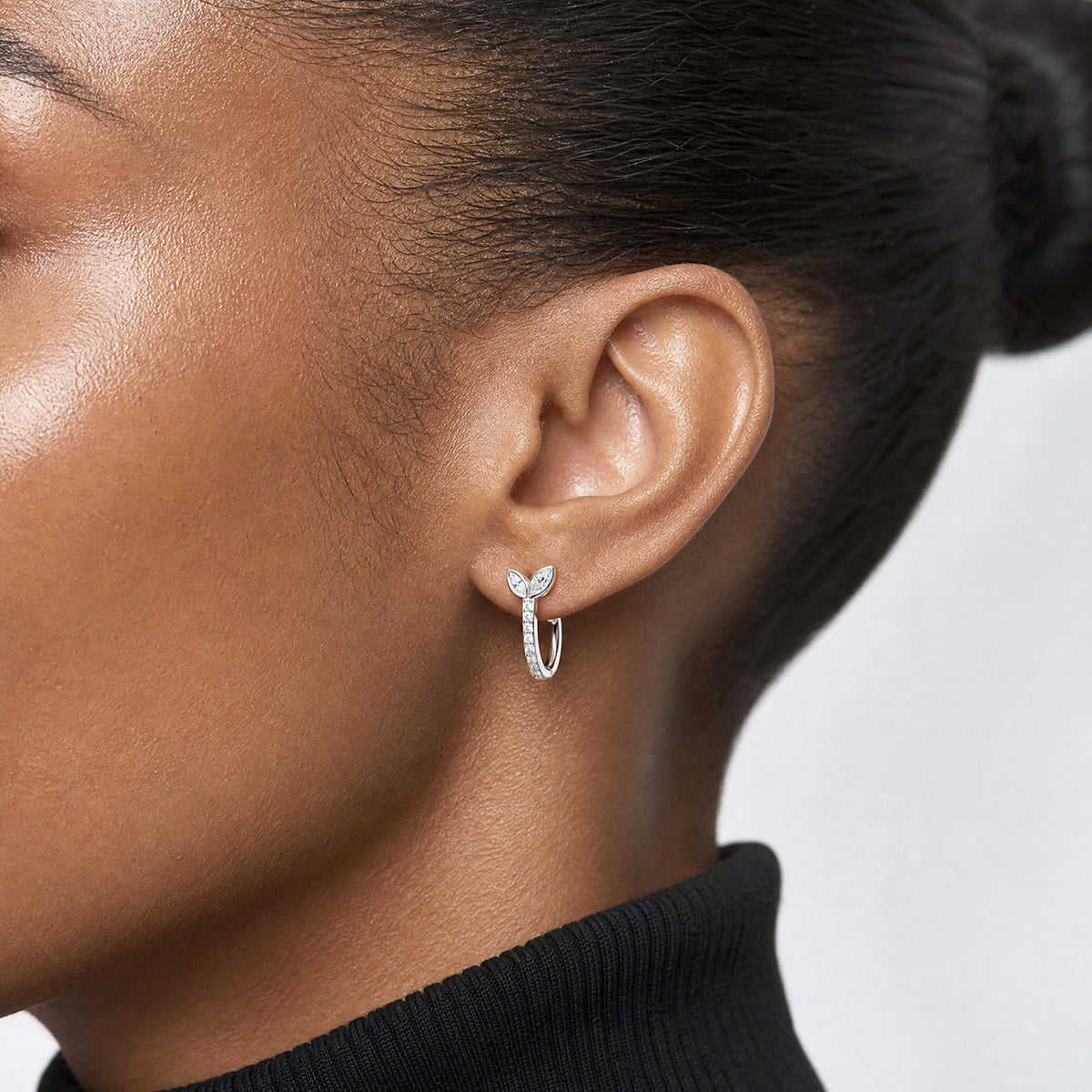 Sterling Silver E-coated CZ Leaf Hinged Hoop Earrings - Model Shot
