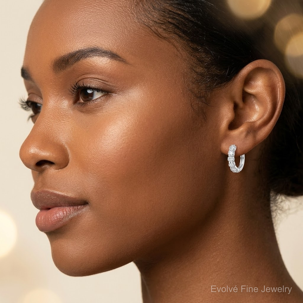 Sterling Silver Rhodium-plated Polished CZ Hinged Huggie Hoop Earrings - Model Shot