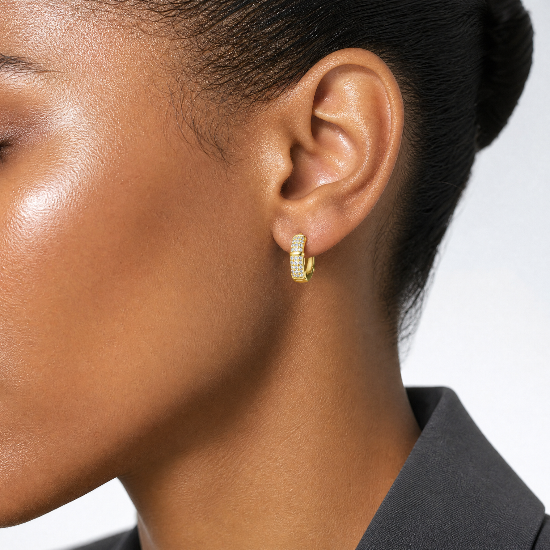Sterling Silver Gold-tone 4mm CZ Hinged Huggie Hoop Earrings - Model Shot