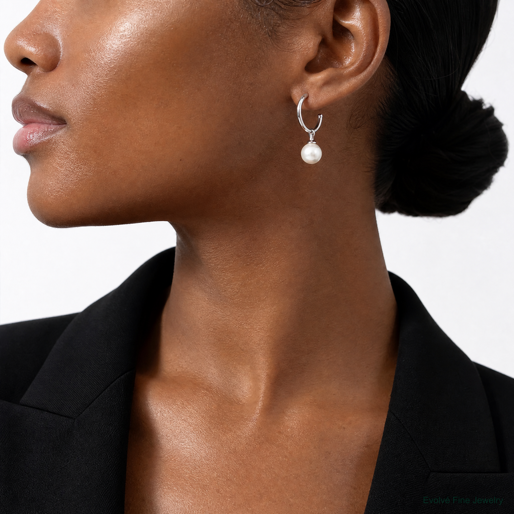 Sterling Silver Polished Dangling 10mm Glass Pearl Post C-Hoop Earrings - Model Shot