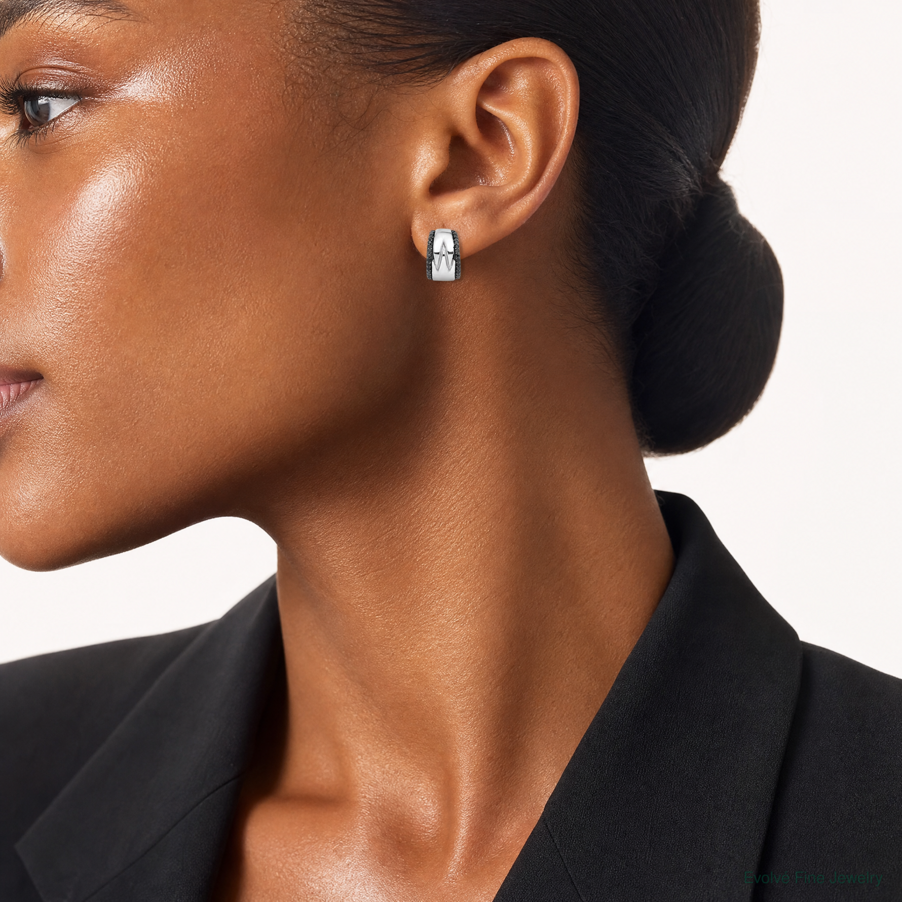 Sterling Silver RH-plated Polished Black Spinel Post C-Hoop Earrings - Model Shot