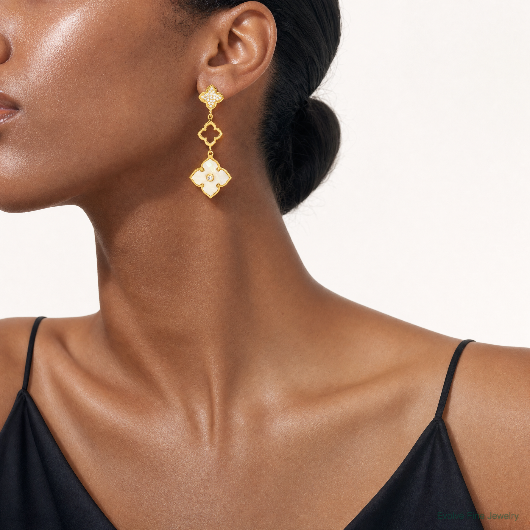 Sterling Silver Gold-tone Polished MOP & CZ Floral Post Dangle Earrings - Model Shot