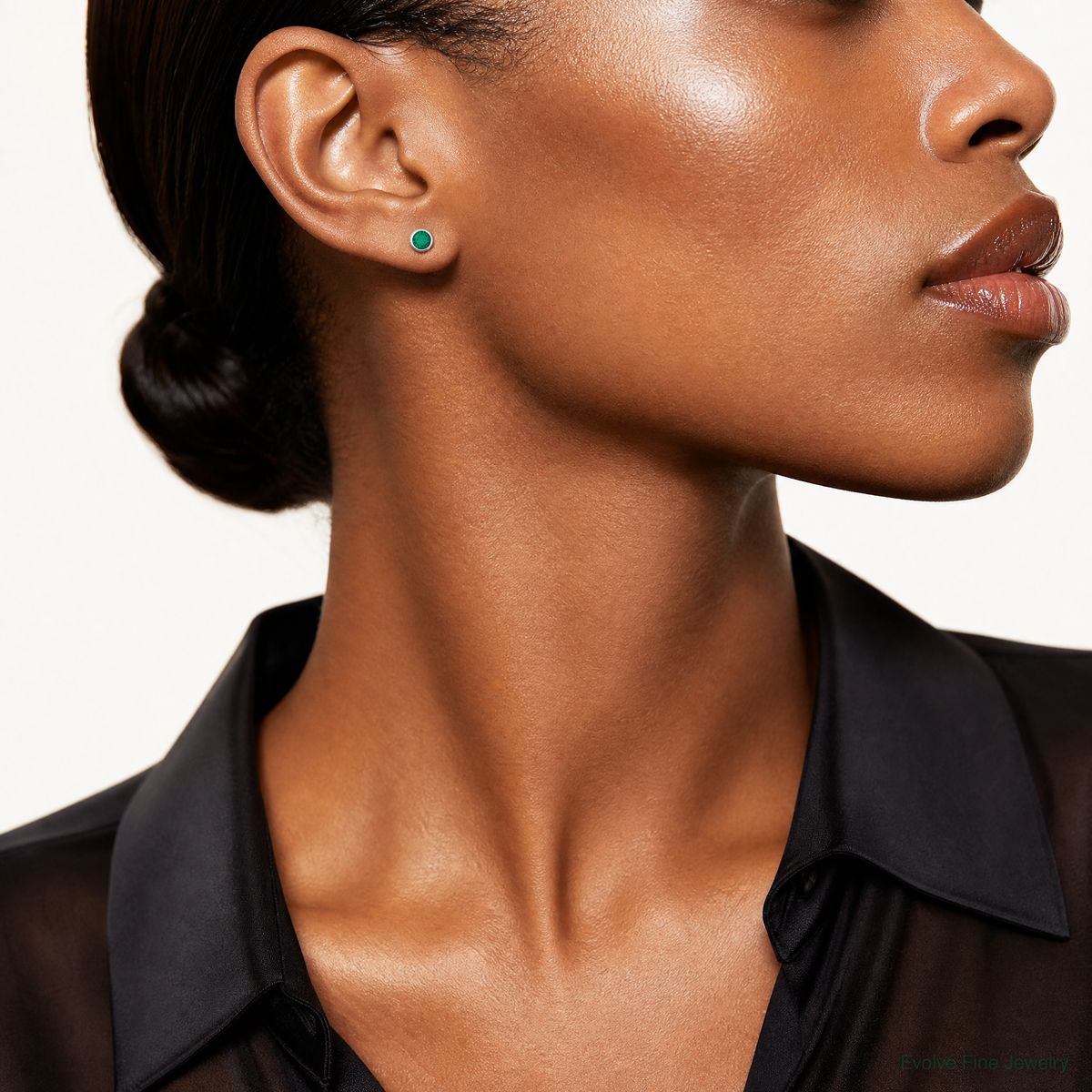 Sterling Silver Polished Green Glass Round Bezel Stud Earrings - Model Shot
