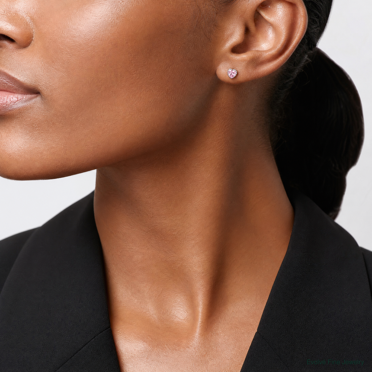 Sterling Silver Rhodium-plated Pink CZ Heart Post Earrings - Model Shot