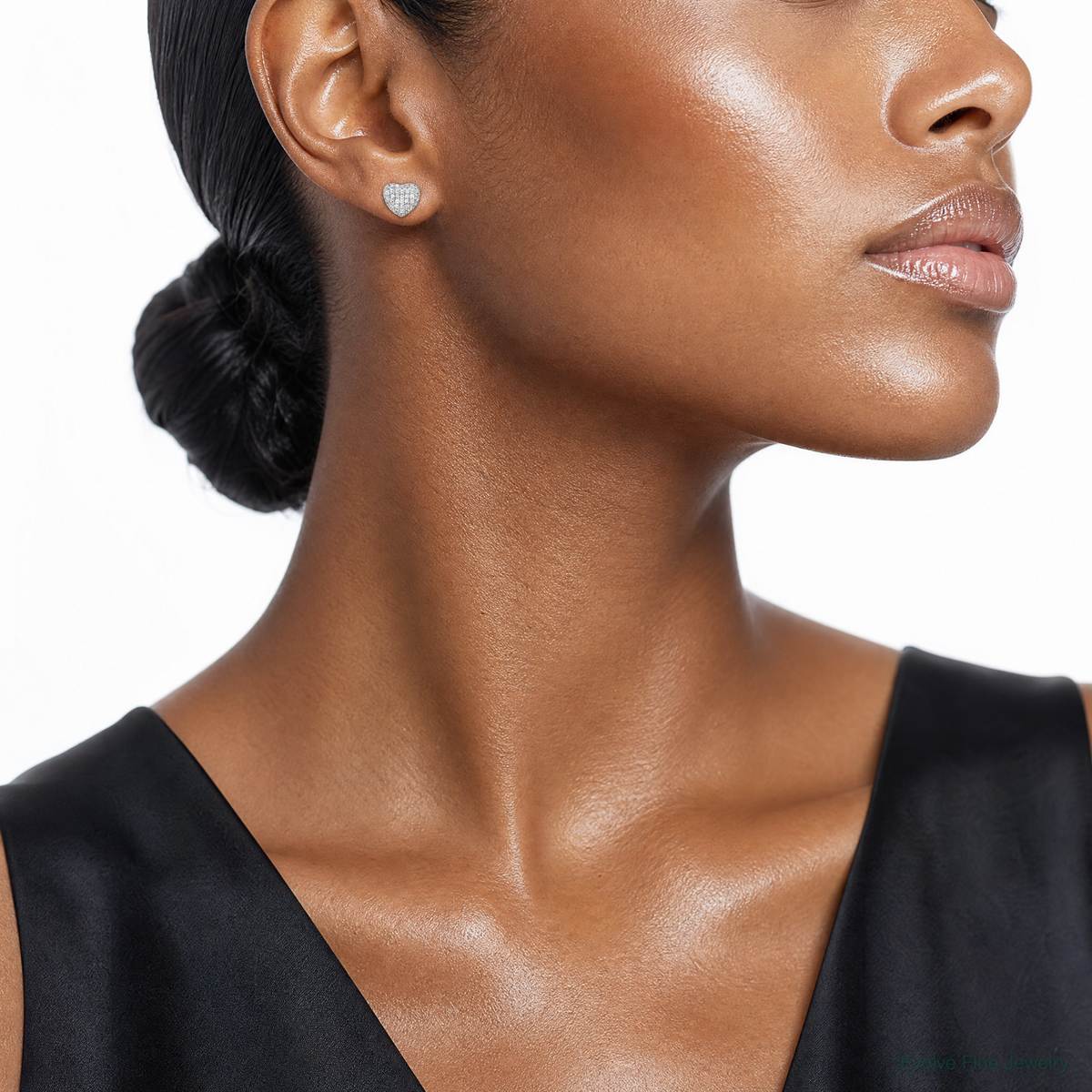 Sterling Silver Rhodium-plated Pave CZ Heart Post Earrings - Model Shot