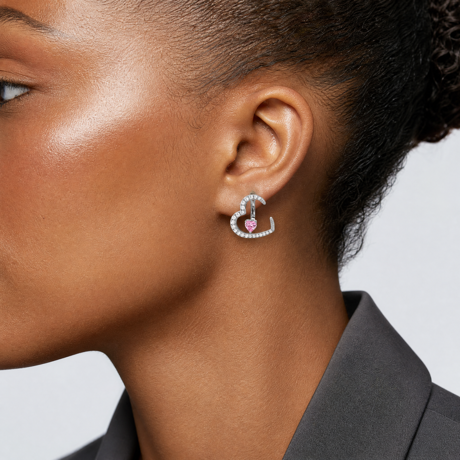 Sterling Silver Rh-plated White and Pink CZ Heart w/ Jacket Post Earrings - Model Shot