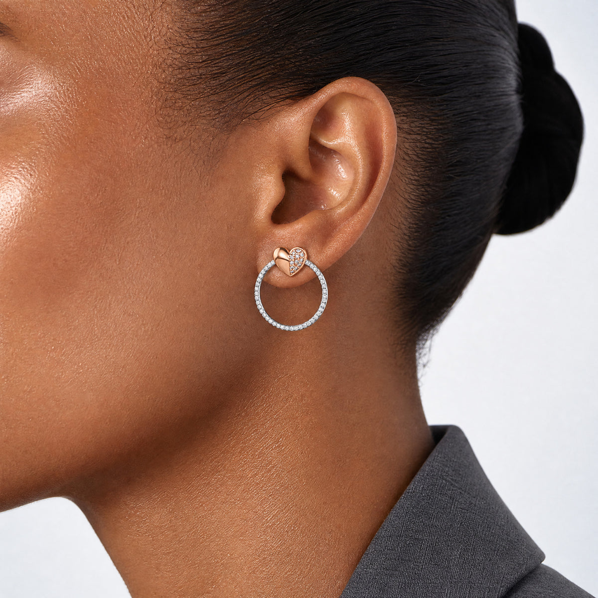 SS Rhodium-plated Rose-tone CZ Heart and Open Circle Post Earrings - Model Shot