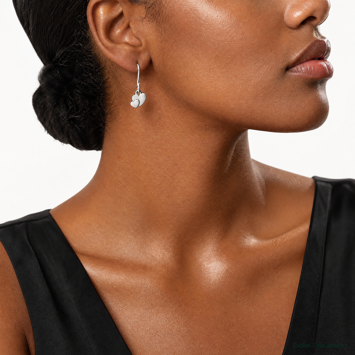 Sterling Silver Rhodium-plated Hearts Dangle Earrings - Model Shot