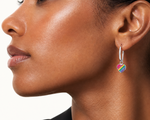 Sterling Silver Rh-plt Enamel Rainbow Heart Dangle Eternity Hoop Earrings - Model Shot