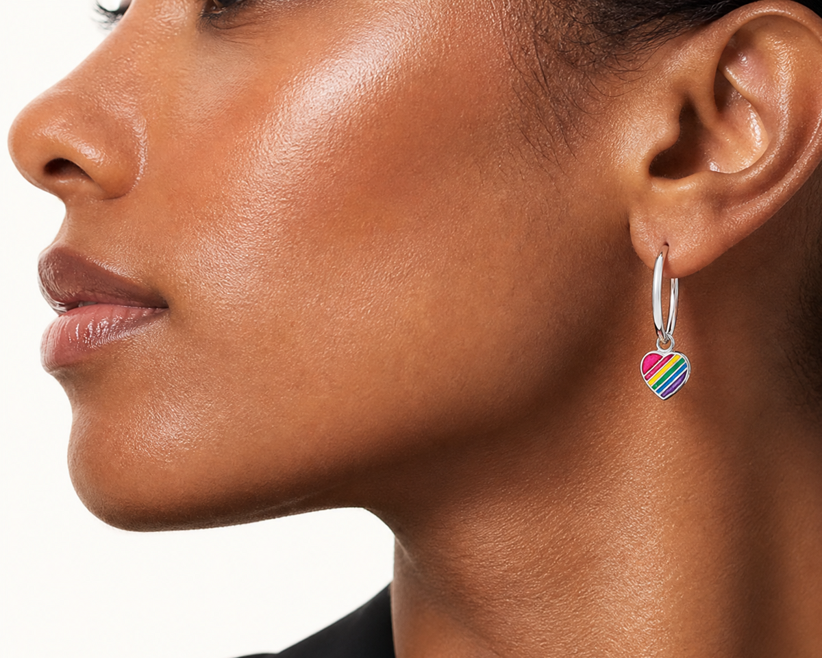 Sterling Silver Rh-plt Enamel Rainbow Heart Dangle Eternity Hoop Earrings - Model Shot
